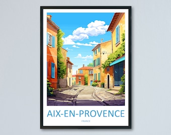 May include: A colourful illustration of a street scene in Aix-en-Provence, France. The image features a narrow, cobbled street lined with yellow and orange buildings. The buildings have blue shutters and green vines growing on them. The sky is blue with white clouds. The text "Aix-en-Provence" and "France" is at the bottom of the image.