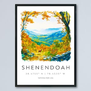 Póster de acuarela de Shenandoah, impresión de viaje de Shenandoah, arte de pared de Virginia, decoración del parque nacional, Skyline Drive, escena natural, impresión de montaña