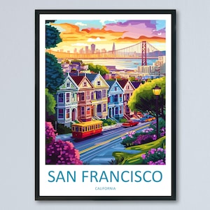 San Francisco Travel Poster California Wall Art Cityscape Print Golden Gate View Illustration Bay Area Decor SF Gift Souvenir Scene