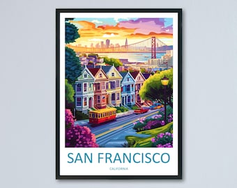 San Francisco Reise Poster Kalifornien Wand Kunst Stadtbild Golden Gate Ansicht Illustration Bay Bereich Dekor SF Geschenk Souvenir Szene
