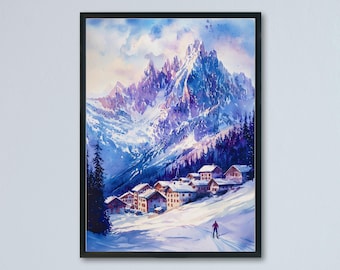 Pôster de aquarela de Chamonix, arte de parede, decoração de casa, presente de Chamonix para amantes da arte, arte de parede da França