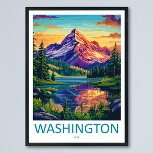 May include: A colourful illustration of a mountain range with a lake in the foreground. The mountain peaks are purple and pink, with a sunset sky behind them. The lake is blue and reflects the colours of the sky. The text "WASHINGTON USA" is at the bottom of the image.