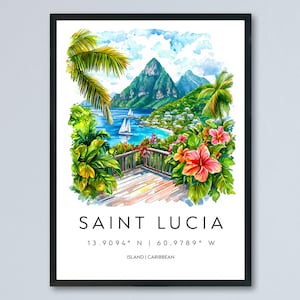 Saint Lucia Watercolor Poster Saint Lucia Travel Print Saint Lucia Wall Art Saint Lucia Landscape Painting Saint Lucia Souvenir Caribbean