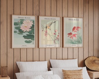 Antique Japanese Set Of 3 Print | Ukiyoe Woodblock Gallery Wall Set | Ohara Koson Painting | Asian Digital Printable| Bedroom Japan Wall Art