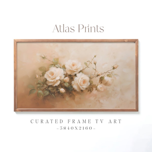 Vintage Neutral Pink Rose Floral Frame TV Art, Antique Valentines Day Painting, Botanical Spring Flowers Frame TV Art, Victorian Home Decor