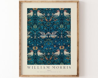 William Morris Druck, Vintage Wandteppich, Antikes marineblaues Textildekor, Vogel & Blumenmuster druckbare Wandkunst, digitaler Download