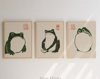 Japanese Matsumoto Hoji Frog Set of 3 Woodblock Digital Art Print| Vintage Japanese Frog woodblock Set print| Wabi sabi Printable wall art