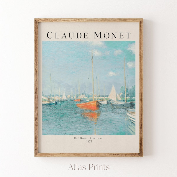 Claude Monet Print | Antique Boat Oil Painting | Vintage Nautical Wall Art | Sailboat Farmhouse Wall Decor| Bedroom Printable Digital Decor