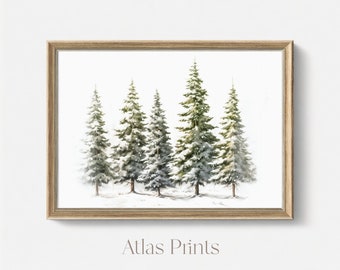 Snowy Winter Forest Print, Christmas Printable Wall Art, Farmhouse Winter Pine Forest Painting, Rustic Landscape Print, Digital Download