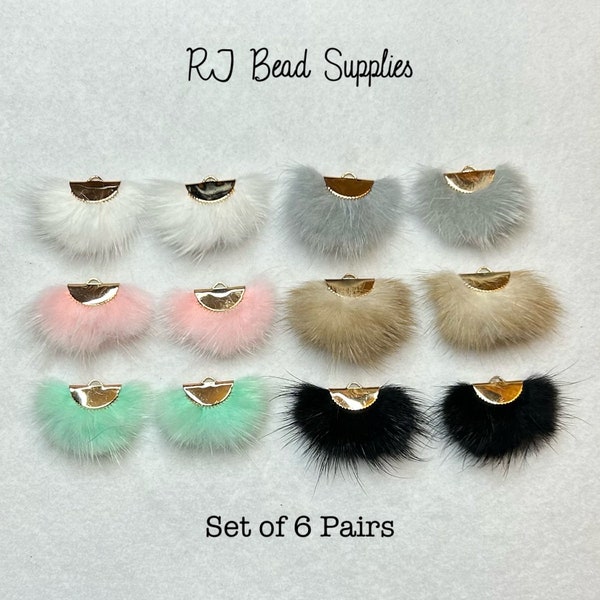 Real Mink Fur Tassels with gold half circle clasp. 40mm. Set of 6 Pairs.