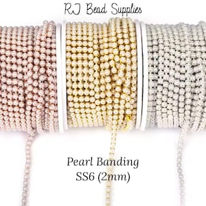May include: Three spools of pearl banding in rose gold, gold, and silver. The banding is SS6 (2mm) in size.  RJ Bead Supplies is printed on the label.