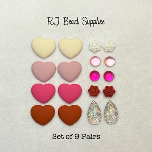 Red, Pink and Cream Set - Set of 9 pairs cabochons including flowers, hearts, matte colors