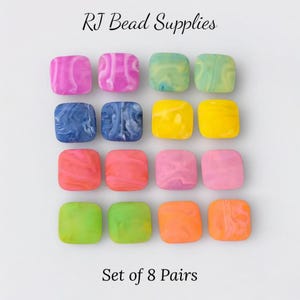 May include: Sixteen square beads in a range of colours, including pink, blue, yellow, orange, and green. The beads have a marbled effect and are arranged in a grid. The text "RJ Bead Supplies" and "Set of 8 Pairs" are visible.