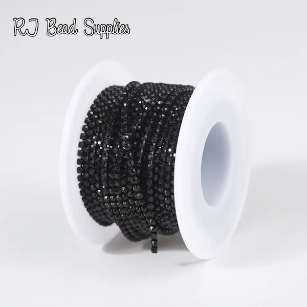 Black Metal Rhinestone Banding, SS6, dense, black rhinestones with black chain, rhinestone chain, sold in 1 yard lengths