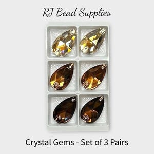 Crystal Gems - Gold, Light Topaz & Brown - Set of 3 pairs, 13mm x 22mm, cabs, centers, K9 crystals, flat back, sew on, fancy glass gems.DIY