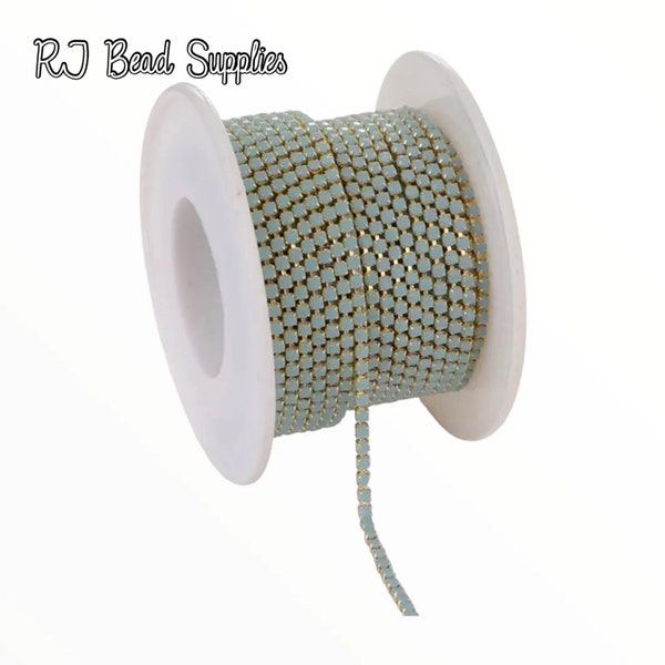 Metal Rhinestone Banding, SS6, dense, pale blue with gold chain, rhinestone chain, sold in 1 yard lengths