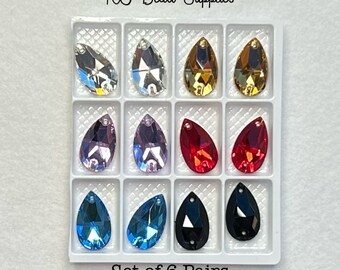 High Quality crystal glass gems, teardrop shape. 11mm x 18mm. Set of 6 pairs. K9 crystals, sew on, flat back