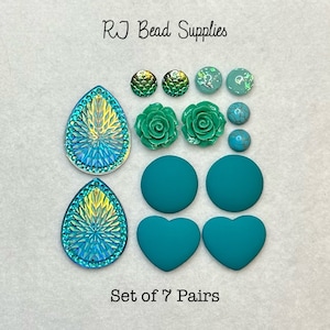 Teal Cabs - Set of 7 pairs teal cabochons, cabs, centers, turquoise