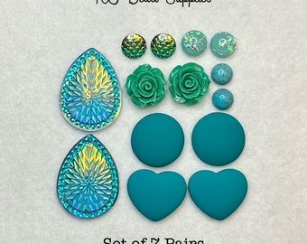 Teal Cabs - Set of 7 pairs teal cabochons, cabs, centers, turquoise