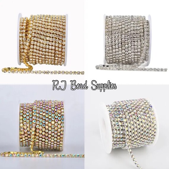 SS6 A Grade Crystal Rhinestone Banding Chain - 2mm Stones In White Or Black Setting