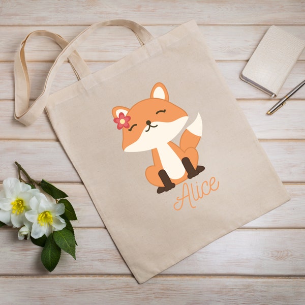 Tote Bag Bio personnalisé, Modèle Petit Renard, Tote bag enfant, Tote bag petite fille, tote bag prénom