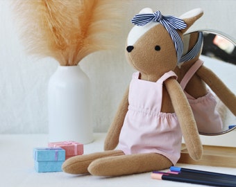 Premium Heirloom Stuffed Forest Animal Toys with Pink Dress and headband Removable Clothes. 100% Handmade - Unisex Timeless - Soft Gift