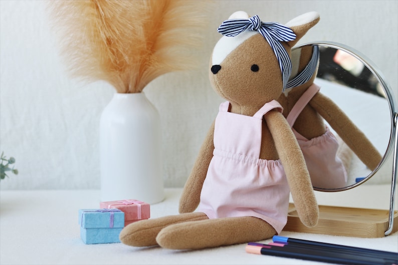 Premium Heirloom Stuffed Forest Animal Toys with Pink Dress and headband Removable Clothes. 100% Handmade Unisex Timeless Soft Gift Deer