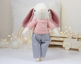 Soft and Snuggly Handmade Bunny Doll in Sweater - Perfect for Toddler's Room, Ideal Gift for Kids and Toddlers, Spring Nursery Room Decor