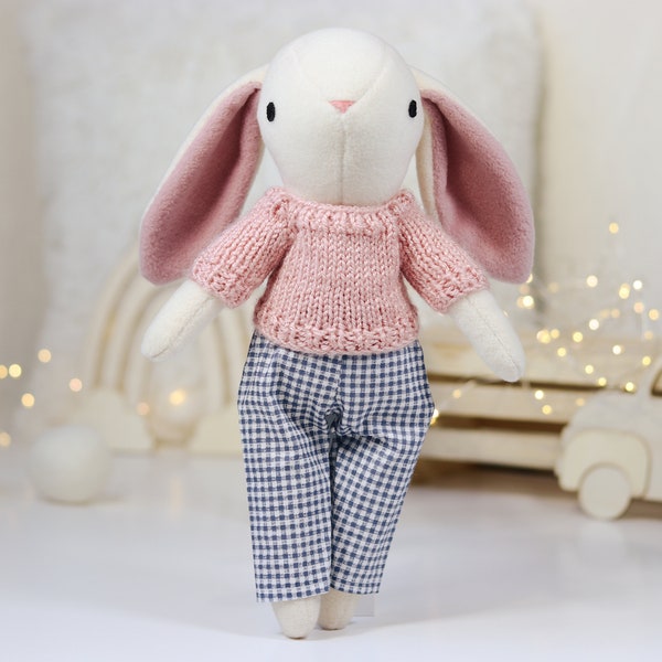 Soft and Snuggly Handmade Bunny Doll in Sweater - Perfect for Toddler's Room, Ideal Gift for Kids and Toddlers, Spring Nursery Room Decor