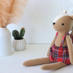 Premium Heirloom Stuffed Forest Animal Toys with Red Plaid Dress  - Removable Clothes. 100% Handmade - Unisex Timeless, Soft Gift Plushies
