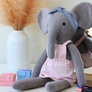 Premium Heirloom Stuffed Forest Animal Toys with Pink Dress and headband Removable Clothes. 100% Handmade Unisex Timeless Soft Gift Elephant