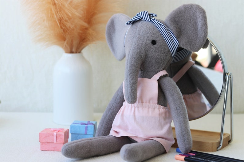 Premium Heirloom Stuffed Forest Animal Toys with Pink Dress and headband Removable Clothes. 100% Handmade Unisex Timeless Soft Gift Elephant