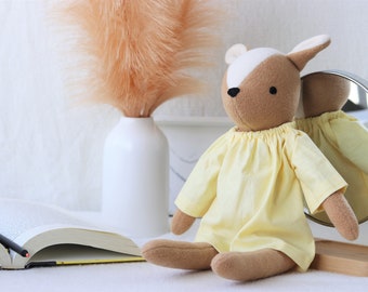 Premium Heirloom Stuffed Forest Animal Toys with Yellow Dress  Removable Clothes. 100% Handmade - Unisex Timeless - Soft Gift - Plushies