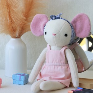 Premium Heirloom Stuffed Forest Animal Toys with Pink Dress and headband Removable Clothes. 100% Handmade Unisex Timeless Soft Gift Mouse