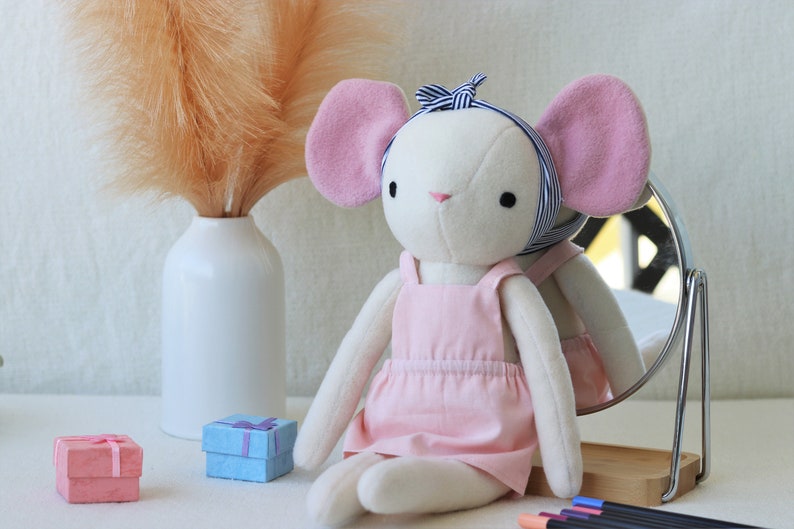 Premium Heirloom Stuffed Forest Animal Toys with Pink Dress and headband Removable Clothes. 100% Handmade Unisex Timeless Soft Gift Mouse