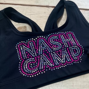 Custom rhinestone cheer sports bra, bling sports bra, youth rhinestone sports bra