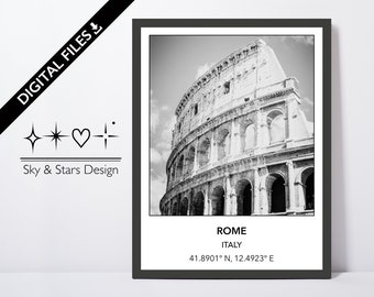 Digital Photo of Colosseum, Rome, Italy, Europe, Historical Landmark, Black White, Location, Printable Wall Art, Print, Poster, Coordinates