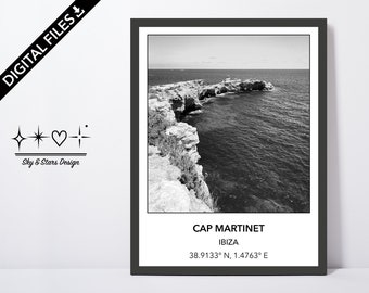 Digital Photo of Cap Martinet, Ibiza, Spain, Europe, Cliff, City, Black White, Location, Printable Wall Art, Print, Poster, Coordinates