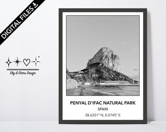 Digital Photo of Penyal d’lfac Natural Park, Alicante, Spain, Europe, City, Black White, Location, Printable Wall Art, Print, Coordinates