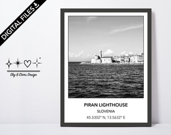 Digital Photo of the Piran Lighthouse, Slovenia, Europe, City, Black White, Location, Printable Wall Art, Print, Poster, Coordinates