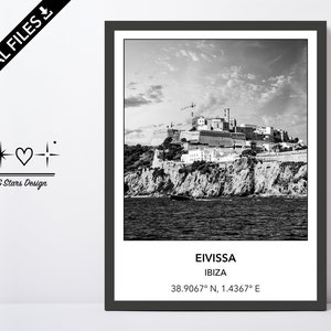 Digital Photo of Eivissa Ibiza, Spain, Ibiza-Old Town, Europe, City, Black White, Location, Printable Wall Art, Print, Poster, Coordinates