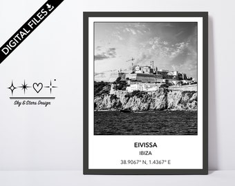 Digital Photo of Eivissa Ibiza, Spain, Ibiza-Old Town, Europe, City, Black White, Location, Printable Wall Art, Print, Poster, Coordinates