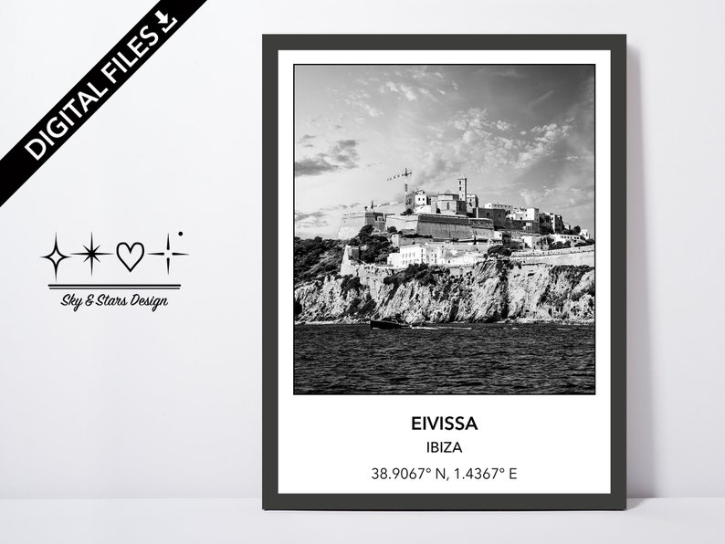 Digital Photo of Eivissa Ibiza, Spain, Ibiza-Old Town, Europe, City, Black White, Location, Printable Wall Art, Print, Poster, Coordinates image 1