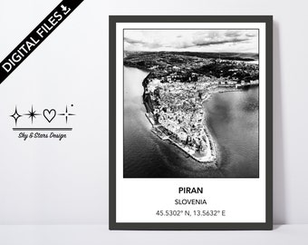 Digital Photo of Piran City, Slovenia, Europe, Sea view, City, Black White, Location, Printable Wall Art, Print, Poster, Coordinates