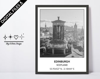 Digital Photo of Edinburgh, Scotland, UK, Medieval, Europe, City, Black White, Location, Printable Wall Art, Print, Poster, Coordinates