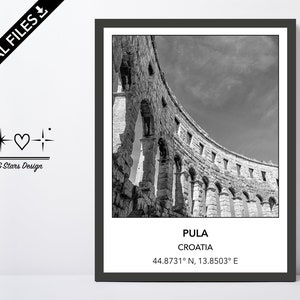 Digital Photo of Roman Amphitheatre in Pula, Croatia, Europe, City, Black White, Location, Printable Wall Art, Print, Poster, Coordinates
