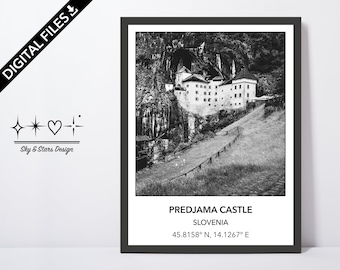 Digital Photo of Predjama Castle, Slovenia, Europe, City, Black White, Location, Printable Wall Art, Print, Poster, Coordinates, medieval