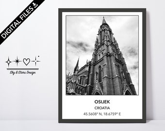 Digital Photo of Osijek Co-Cathedral in Osijek, Croatia, Europe, City, Black White, Location, Printable Wall Art, Print, Poster, Coordinates