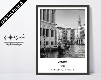 Digital Photo of water streets in Venice, Italy, Europe, City, Black White, Location, Printable Wall Art, Print, Poster, Coordinates