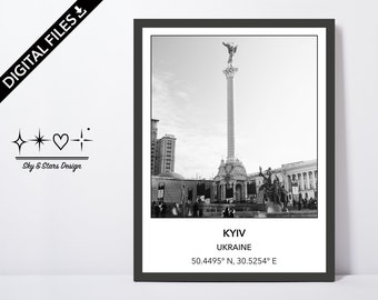 Digital Photo of Independence monument in Kyiv, Ukraine, Europe, City, Black White, Location, Printable Wall Art, Print, Poster, Coordinates